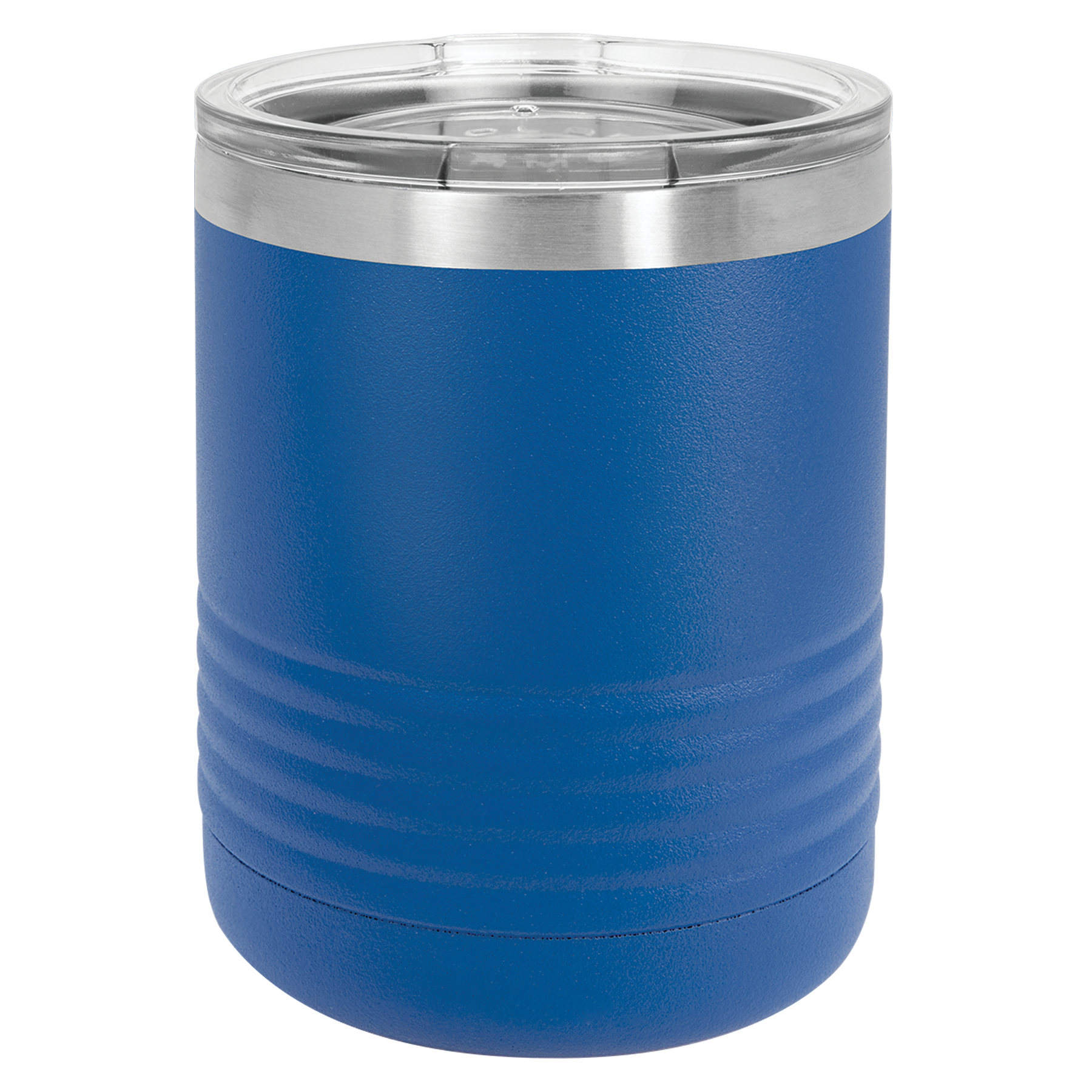 Engraved Blue 10 oz. Lowball Tumbler. Double-wall vacuum insulation with a clear lid. It is 2X heat & cold resistant. Is lead free. Polar Camels are made from 18/8 gauge stainless steel (18% chromium/8% nickel) - also known as Type 304 Food Grade. Great Corporate Gift