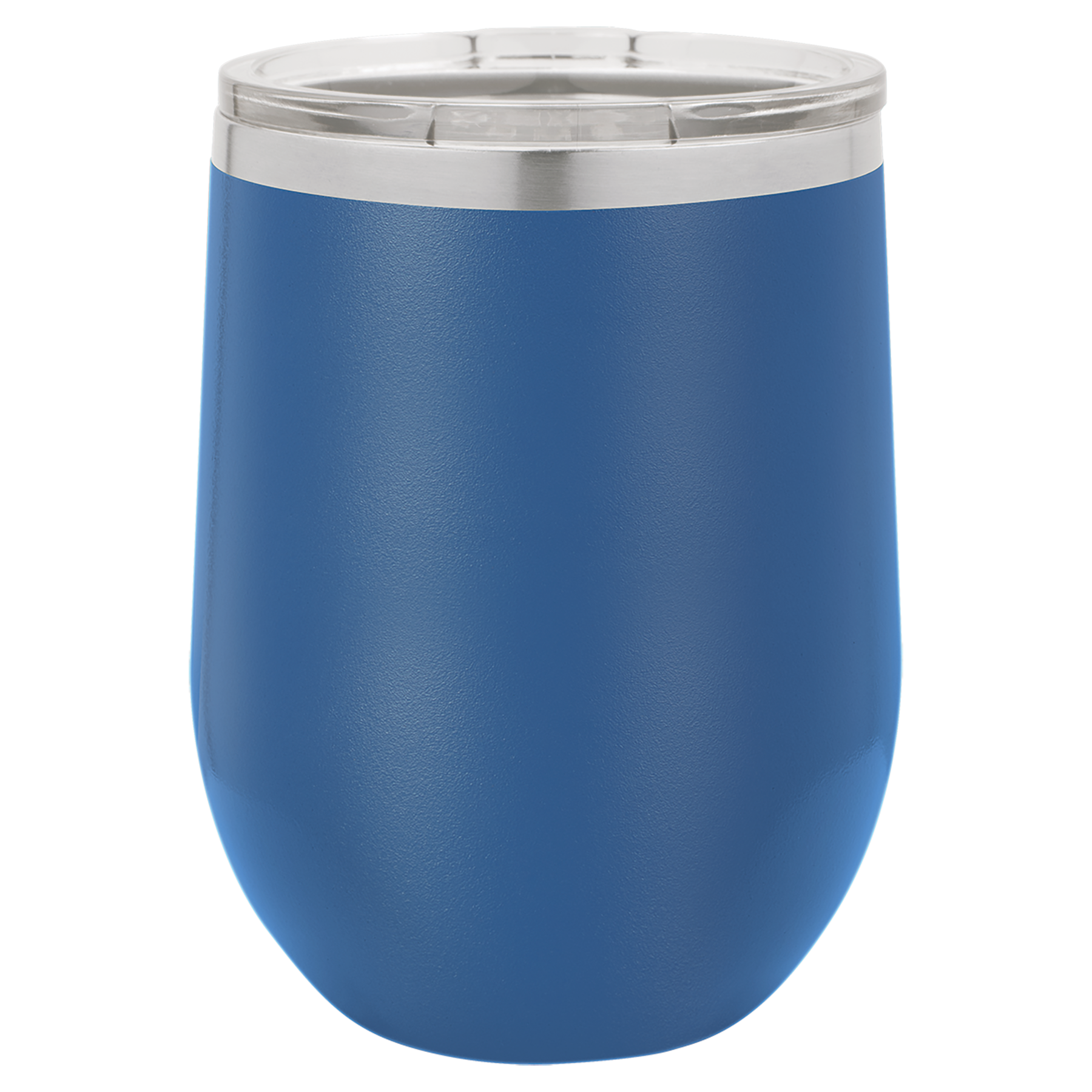 Engraved Blue 12 oz. Stemless Wine Tumbler. Double-wall, vacuum insulation with a clear lid. They are 2X heat and cold resistant compared to glass or plastic wine glasses. Polar Camels are made from 18/8 gauge stainless steel (18% chromium/8% nickel) - also know as Type 304 Food Grade. 