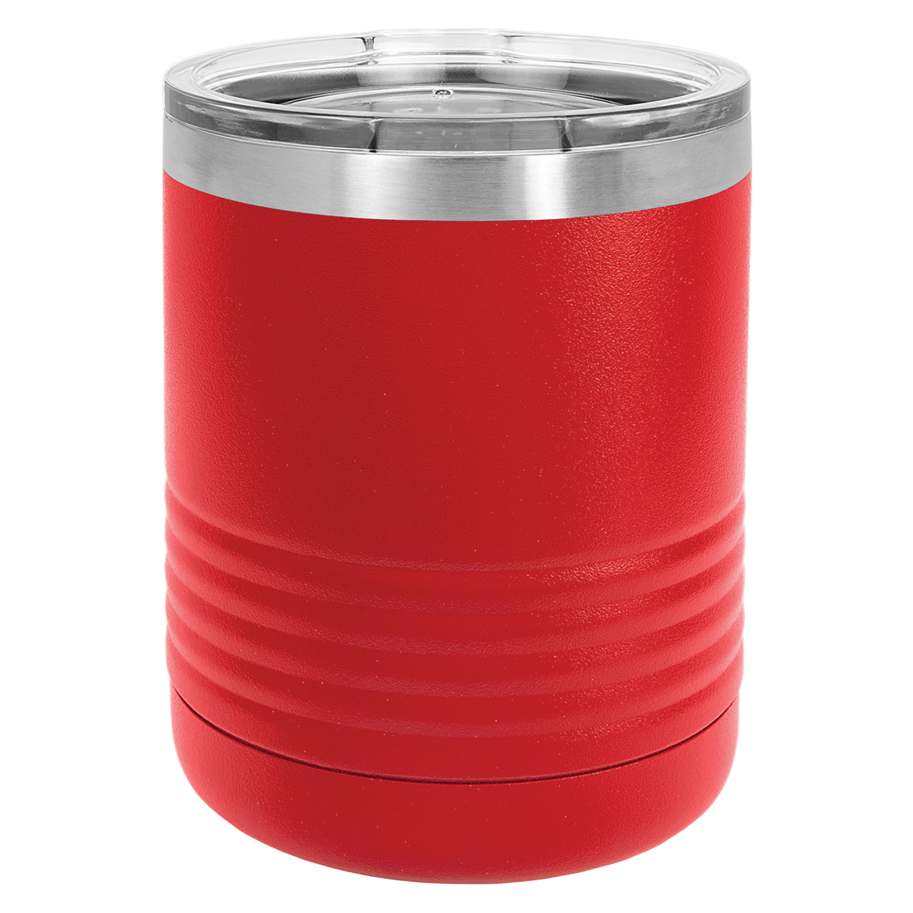 Engraved Red 10 oz. Lowball Tumbler. Double-wall vacuum insulation with a clear lid. It is 2X heat & cold resistant. Is lead free. Polar Camels are made from 18/8 gauge stainless steel (18% chromium/8% nickel) - also known as Type 304 Food Grade. Great gift for anyone's collection