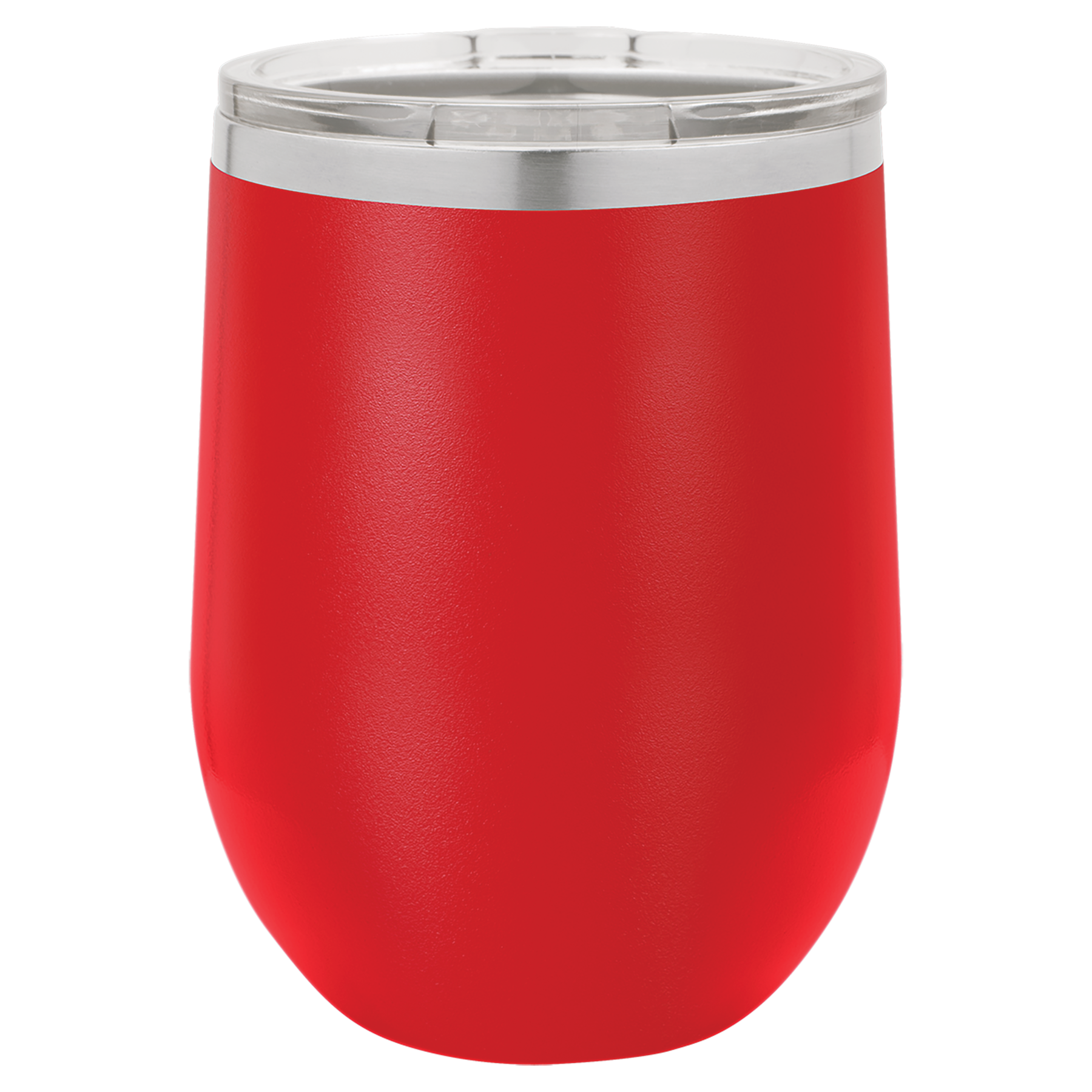 Engraved Red 12 oz. Stemless Wine Tumbler. Double-wall, vacuum insulation with a clear lid. They are 2X heat and cold resistant compared to glass or plastic wine glasses. Polar Camels are made from 18/8 gauge stainless steel (18% chromium/8% nickel) - also know as Type 304 Food Grade. 
