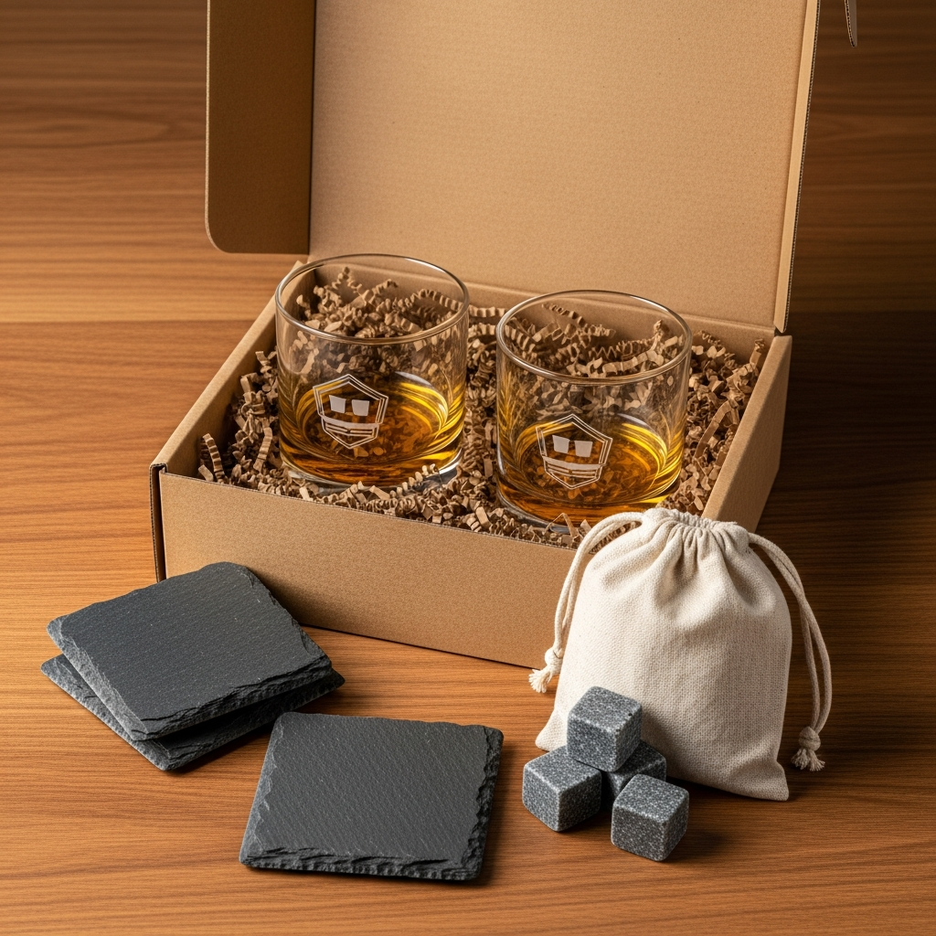 Alder whiskey gift set with engraved glasses, slate coasters, and granite stones — client appreciation gift box