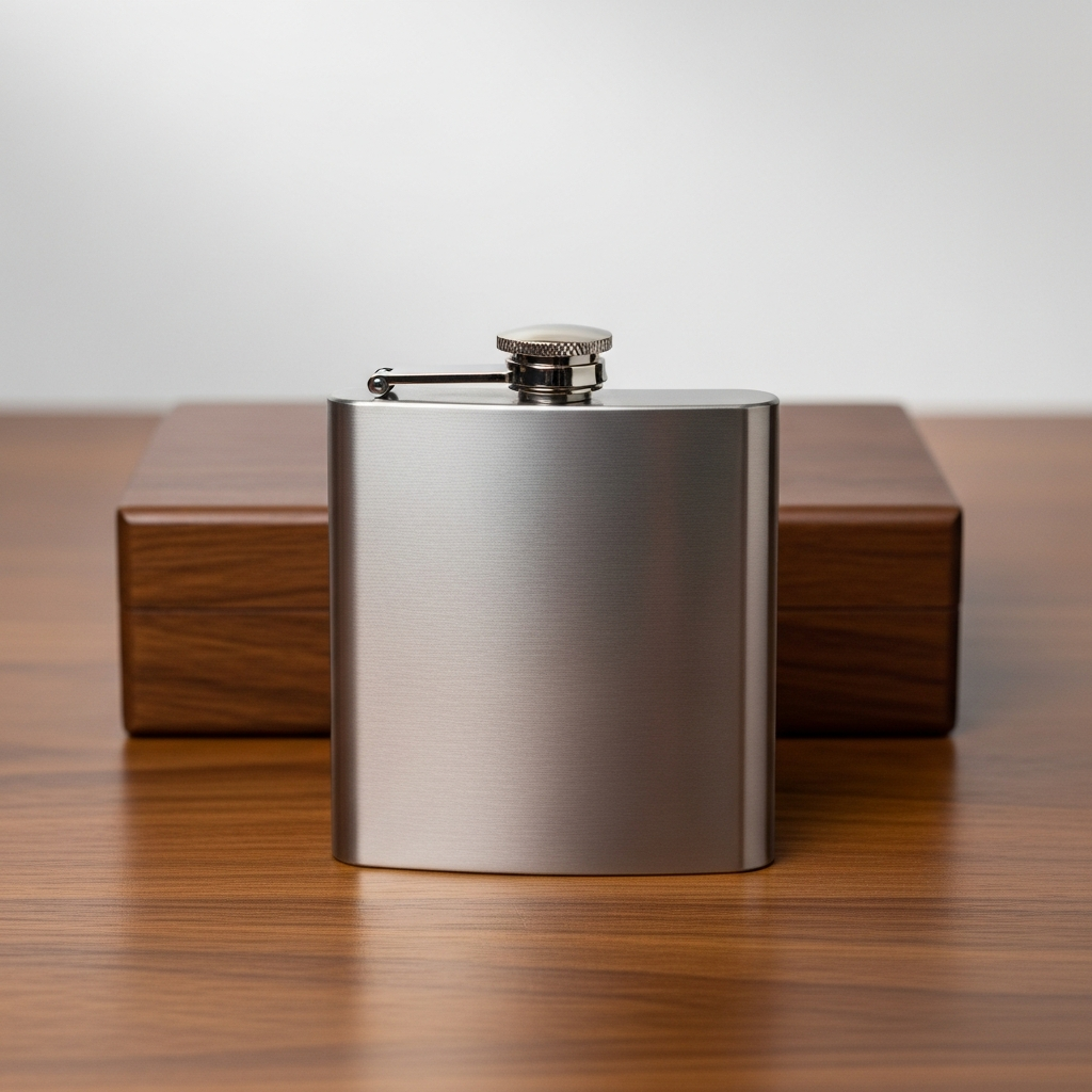 Laserable 6 oz flask set in wood presentation box — engraved barware gift