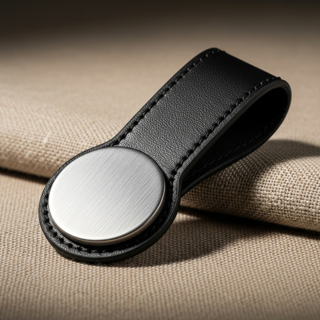 Laserable leatherette metal round keychain — branded event giveaway