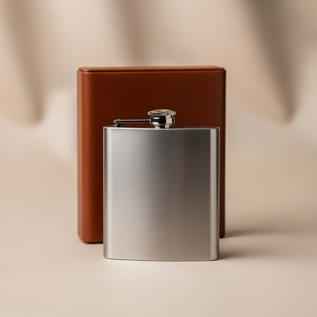 6 oz flask set in laserable leatherette presentation box — drinkware gift set