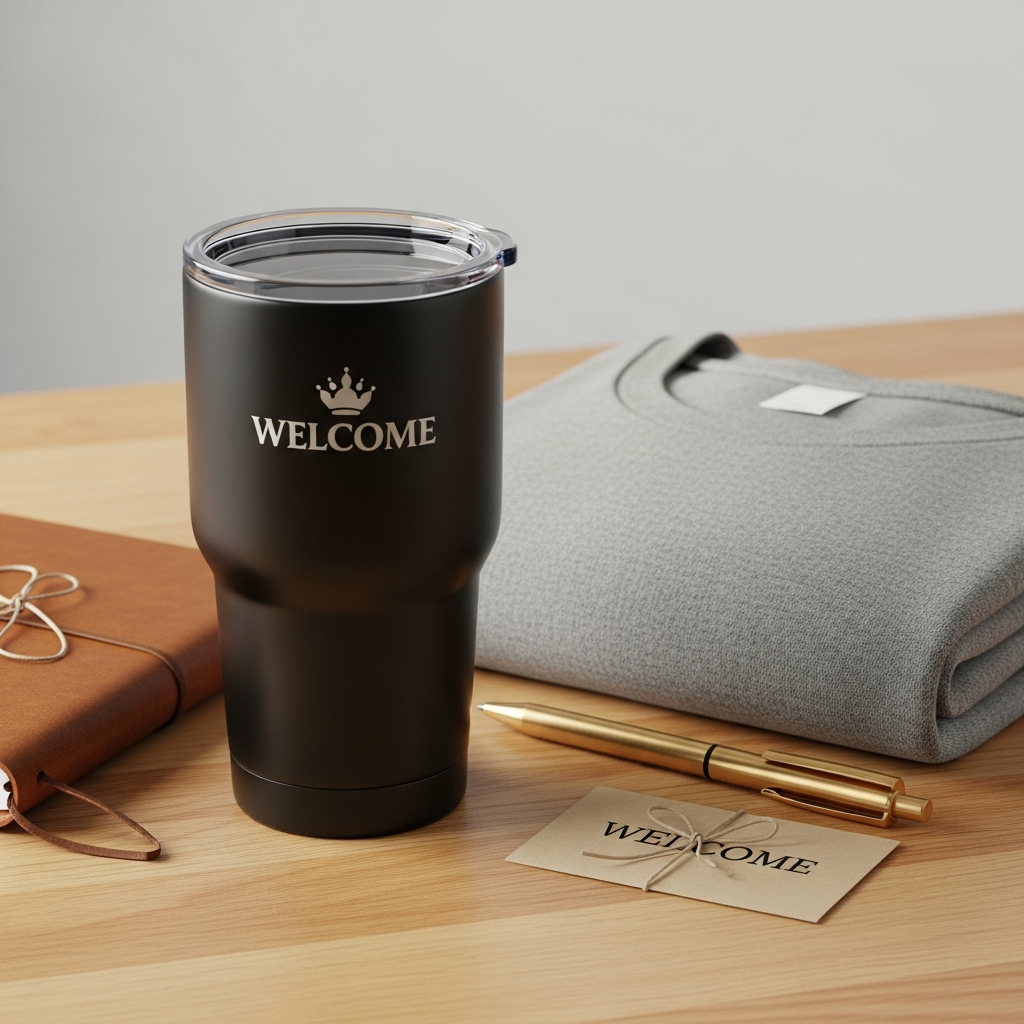 Branded drinkware new employee welcome kit with engraved tumbler