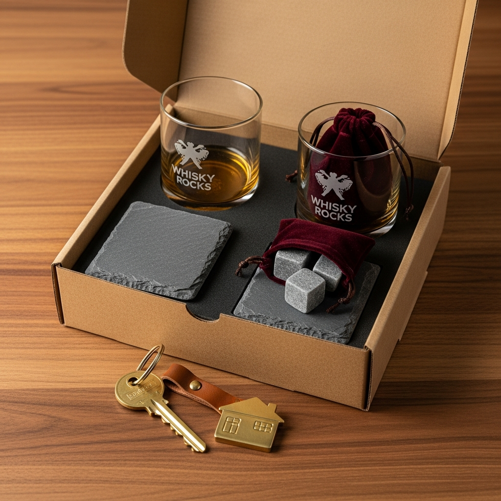 Whiskey gift set with engraved glasses, slate coasters, and stones — realtor closing gift box